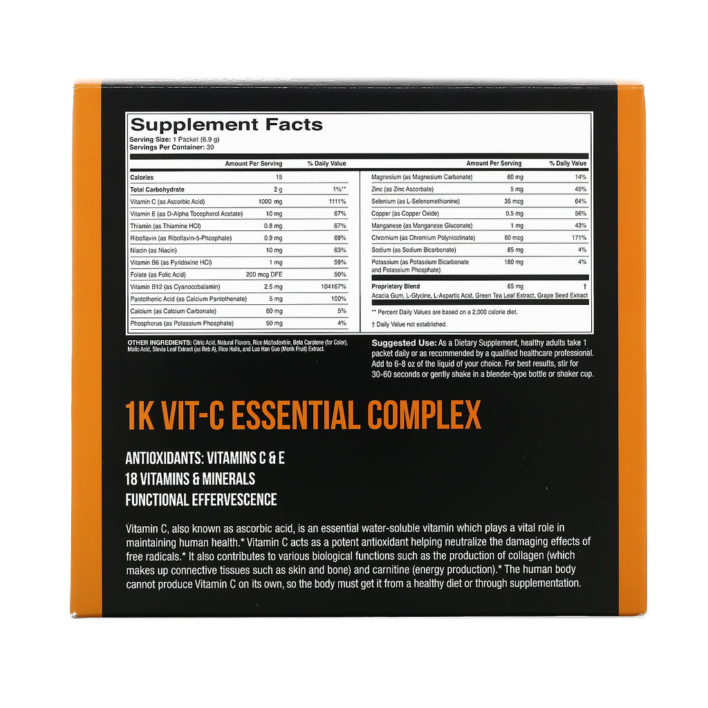 1Kvit-C, Vitamin C, Essential, Effervescent Drink Mix, Natural Orange Flavor, 1,000 mg , 30 Packets, 0.24 oz (6.90 g) Each