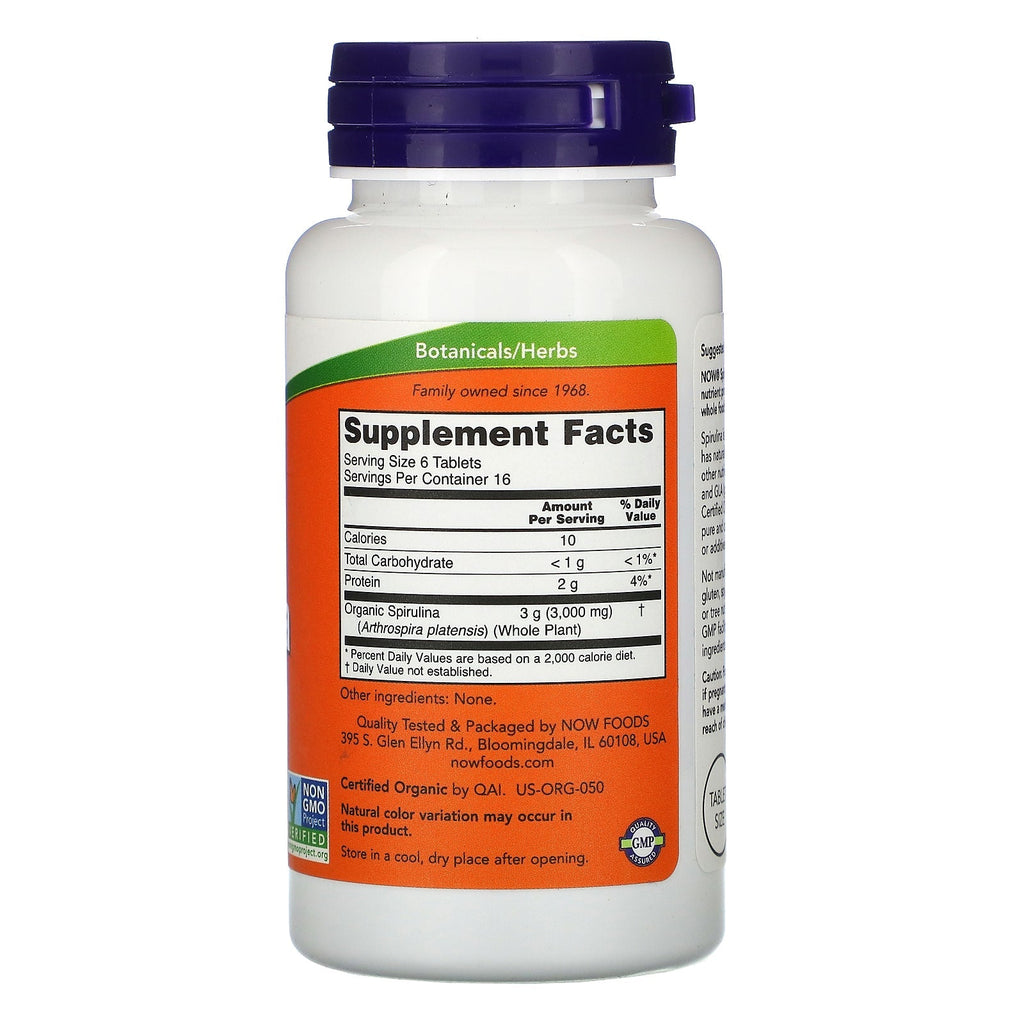 Now Foods, certificeret Spirulina, 500 mg, 100 tabletter