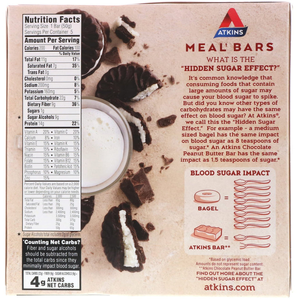 Atkins, Meal Bar, Cookies n' Creme Bar, 5 barer, 1,76 oz (50 g) hver