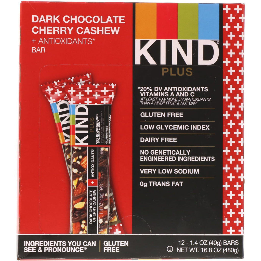 KIND barer, Kind Plus, mørk chokolade kirsebær cashew + antioxidanter, 12 barer, 1,4 oz (40 g) hver