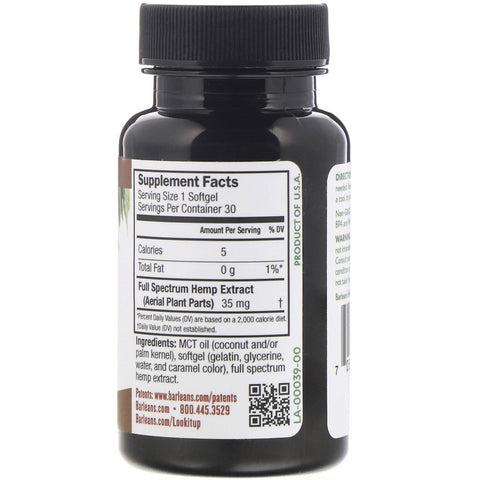 Barlean's, extracto de cáñamo de espectro completo, 35 mg, 30 cápsulas blandas