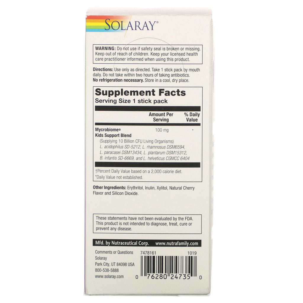 Solaray, Mycrobiome Probiotic, Kids Immune Support, Natural Cherry Flavor, 10 Billion Live Cultures, 20 Stick Packs