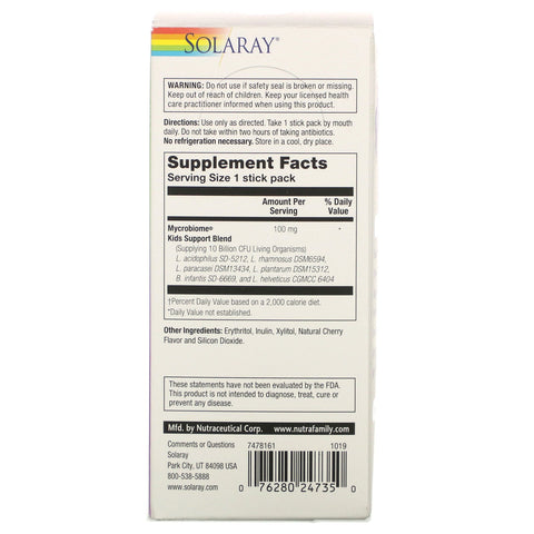 Solaray, Mycrobiome Probiotic, Kids Immune Support, Natural Cherry Flavor, 10 Billion Live Cultures, 20 Stick Packs