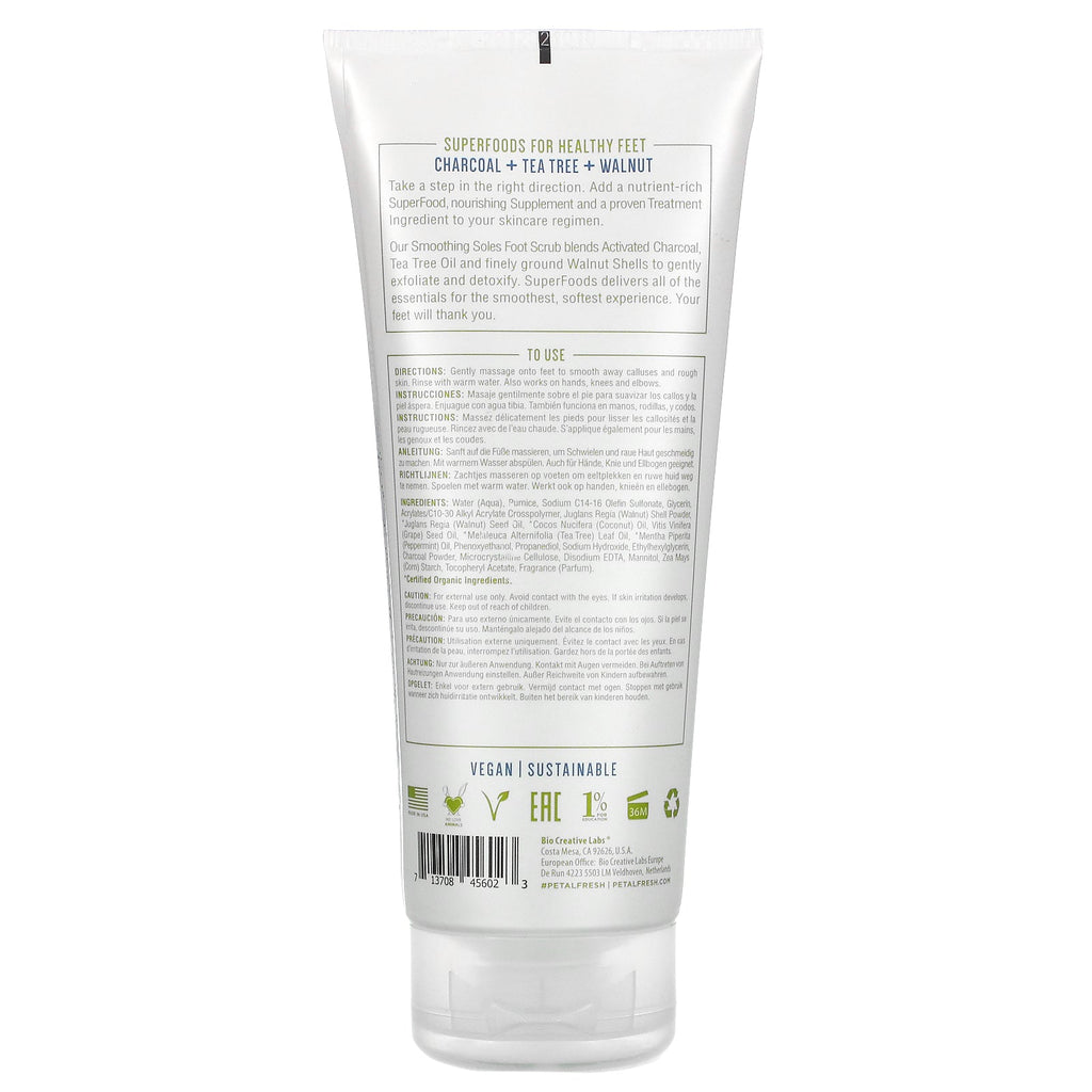 Petal Fresh, Exfoliante suavizante para pies, carbón, árbol de té, nuez, 200 ml (7 oz. líq.)