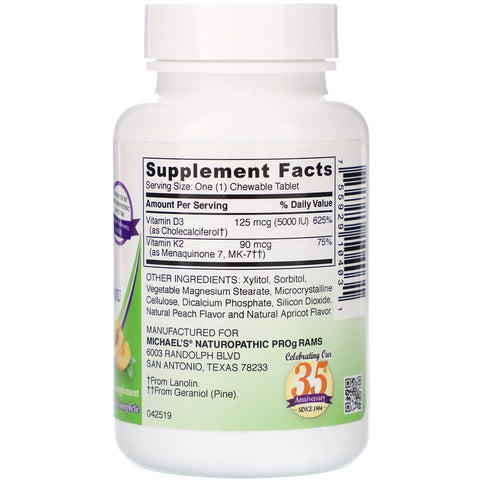 Michael's Naturopathic, D3-vitamin med K2-vitamin, naturlig abrikossmag, 125 mcg (5.000 IE), 90 vegetariske tyggetabletter