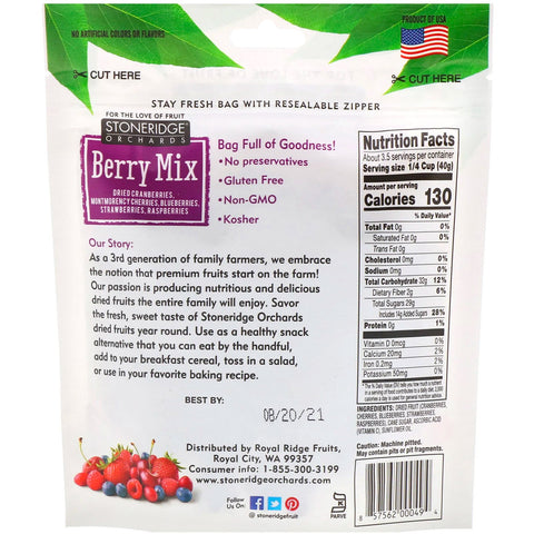 Stoneridge Orchards, Berry Mix, Whole Dried Mixed Berries, 5 oz (142 g)