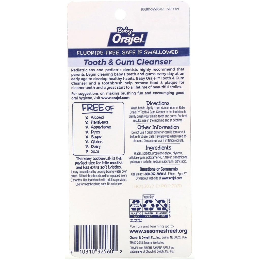 Orajel, Elmo Tooth &amp; Gum Cleanser, Fluor-fri, 3-24 måneder, Bright Banana Apple, 1 oz (28,3 g)