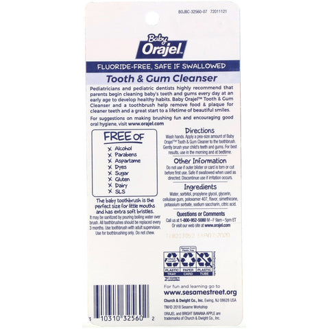 Orajel, Elmo Tooth & Gum Cleanser, Fluor-fri, 3-24 måneder, Bright Banana Apple, 1 oz (28,3 g)