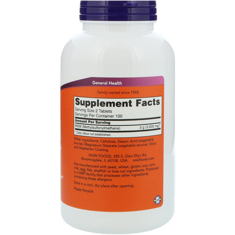 Now Foods, MSM, metilsulfonilmetano, 1500 mg, 200 tabletas