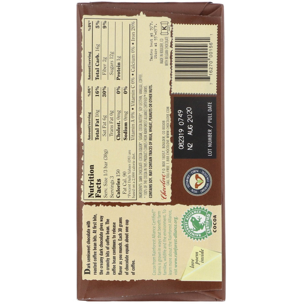 Chocolove, Coffee Crunch in Dark Chocolate, 55% Cocoa, 3.2 oz (90 g)