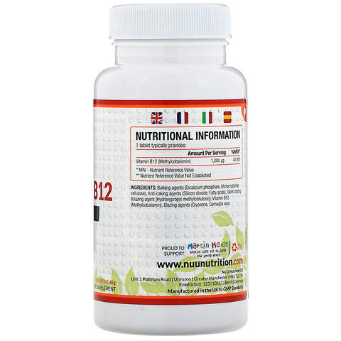 Nu U Nutrition, Vitamina B12, 1000 µg, 180 comprimidos vegetarianos