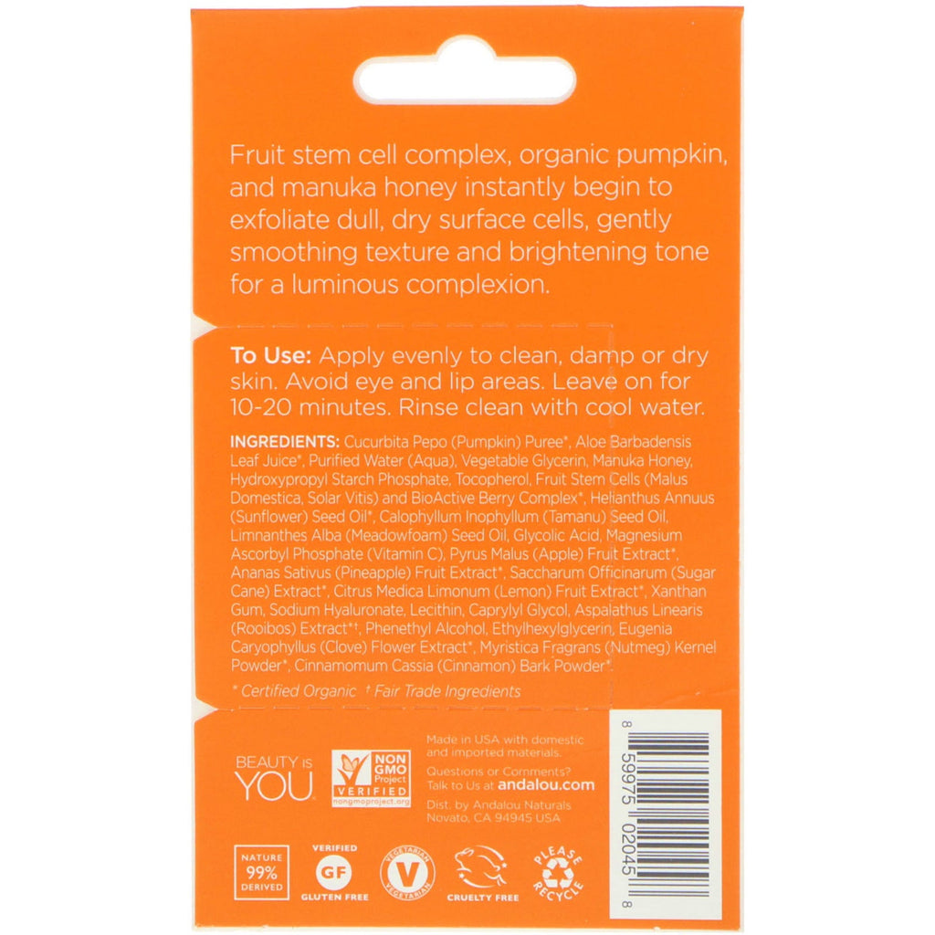 Andalou Naturals, Instant Brightening Beauty Face Mask, græskar og honning, 0,28 oz (8 g)