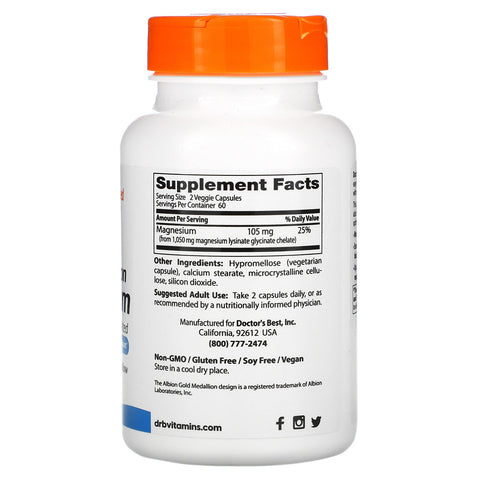 Doctor's Best, High Absorption Magnesium, Lysinate Glycinate 100% Chelated, 105 mg, 120 Veggie Caps