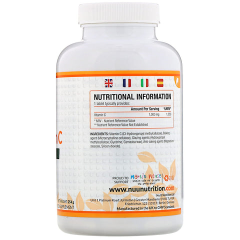 Nu U Nutrition, Vitamina C, 1000 mg, 180 comprimidos veganos