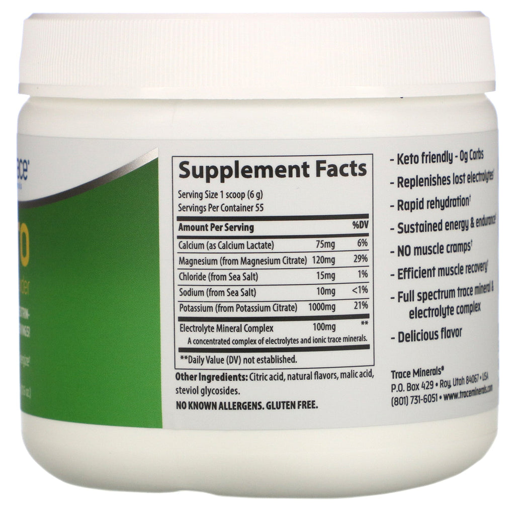 Trace Minerals Research, Keto Electrolyte Powder, Sugar Free, Lemon Lime Flavor, 11.6 oz (330 g)