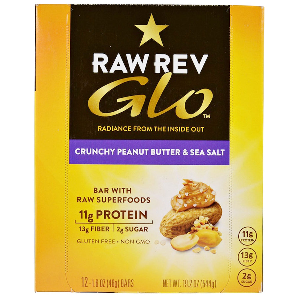 Raw Rev, Glo, Crunchy Peanut Butter &amp; Sea Salt, 12 barer, 1,6 oz (46 g)