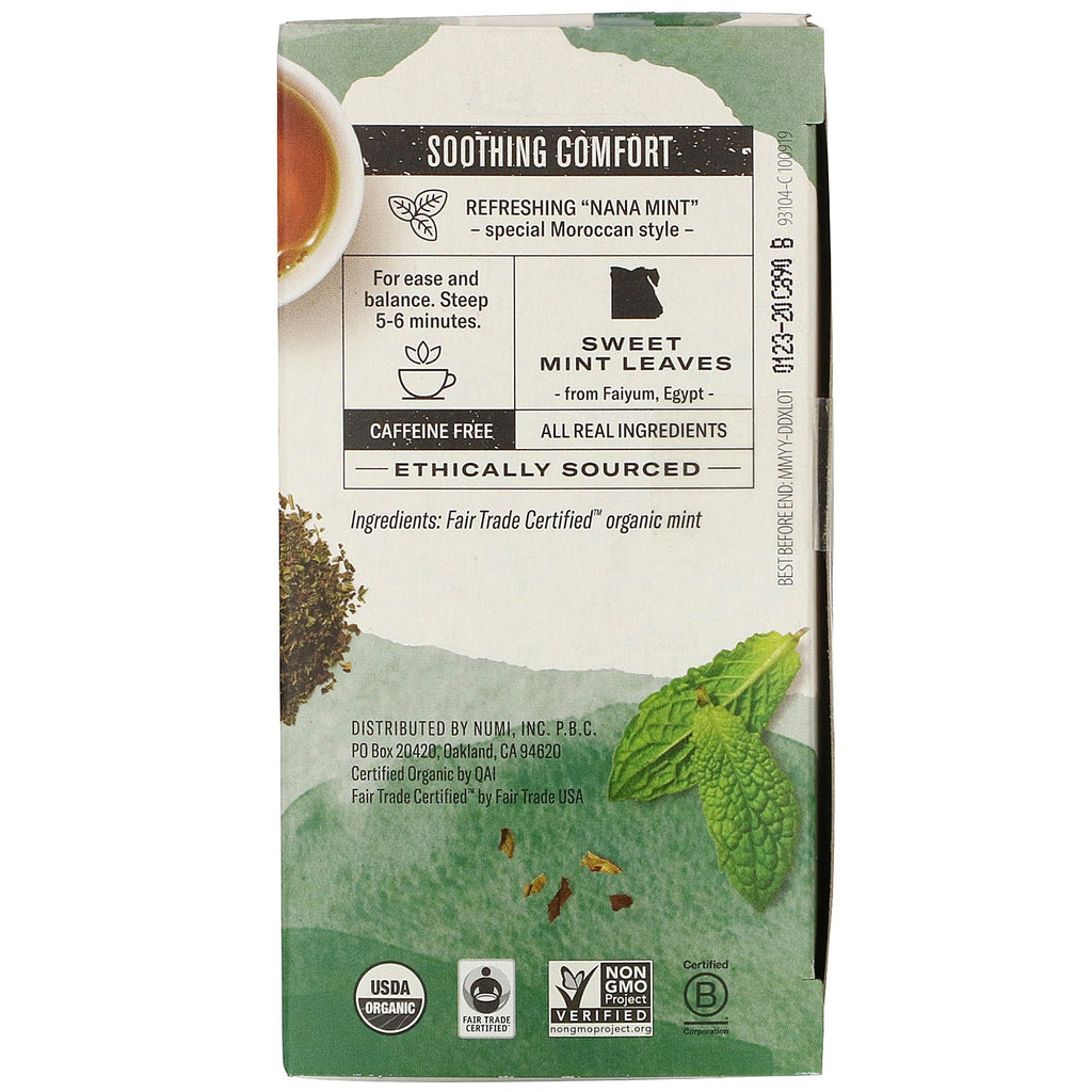 Numi Tea,  Herbal Teasan, Moroccan Mint, Caffeine Free, 18 Tea Bags, 1.40 oz (39.6 g)