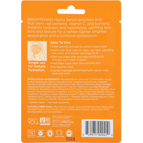 Andalou Naturals, Instant Brighten & Stram, Hydro Serum Beauty Facial Mask, Brightening, 1 Fiber Sheet Mask til engangsbrug, 0,6 fl oz (18 ml)