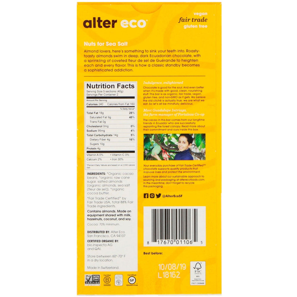 Alter Eco,  Chocolate Bar, Deep Dark Salted Almonds, 70% Cocoa, 2.82 oz (80g)