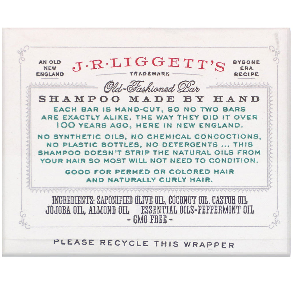 JR Liggett's, Champú en barra Old Fashioned, jojoba y menta, 3,5 oz (99 g)