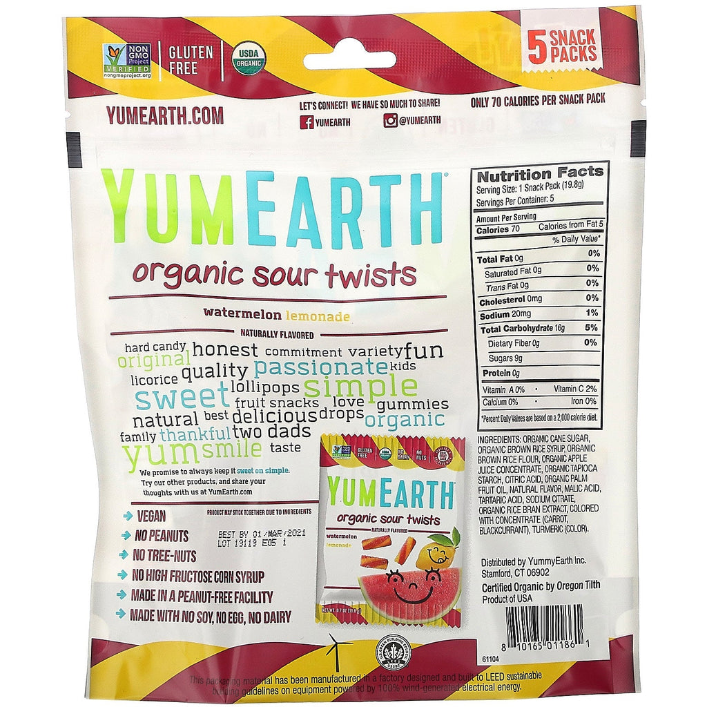 YumEarth,  Sour Twists, Watermelon Lemonade, 5 Snack Packs, 0.7 oz (19.8 g) Each