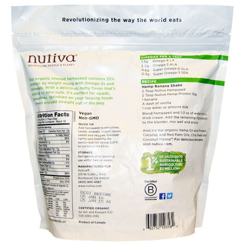 Nutiva, hampefrø, råskallet, 19 oz (539 g)