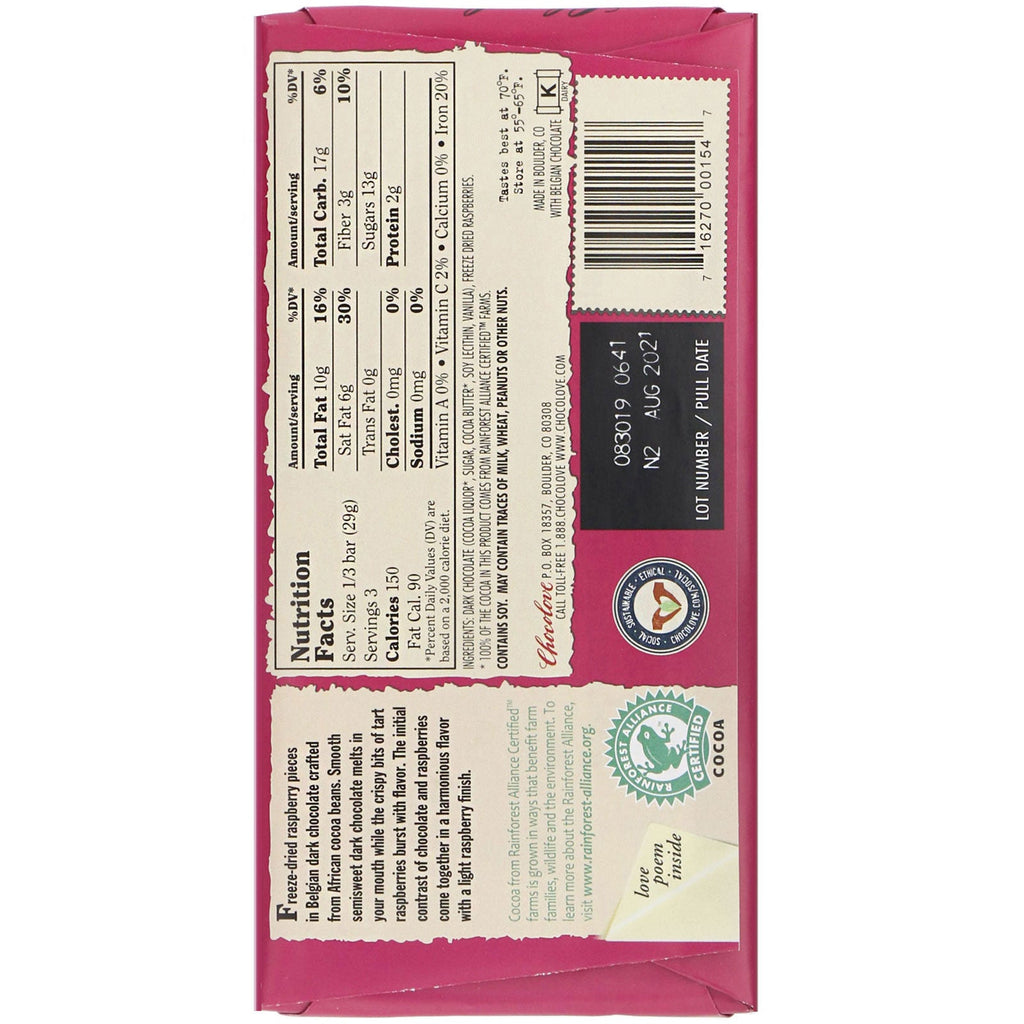 Chocolove, Raspberries in Dark Chocolate, 55% Cocoa, 3.1 oz (88 g)