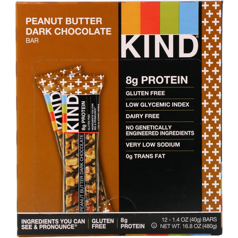 KIND barer, Kind Plus, jordnøddesmør mørk chokoladebar, 12 barer, 1,4 oz (40 g) hver