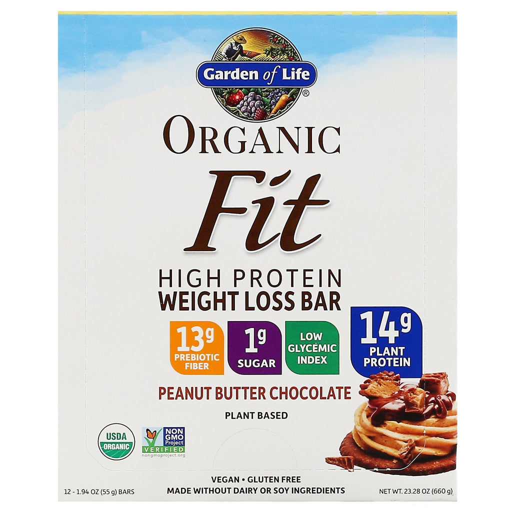 Garden of Life, Fit, vægttabsbar med højt proteinindhold, jordnøddesmørchokolade, 12 barer, 55 g pr.