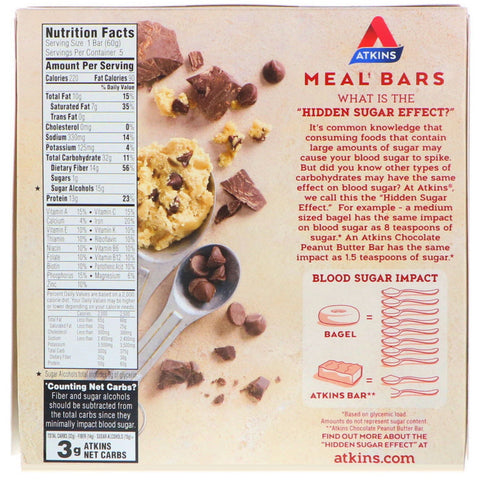 Atkins, Meal, Chocolate Chip Cookie Dough Bar, 5 barer, 2,12 oz (60 g) hver