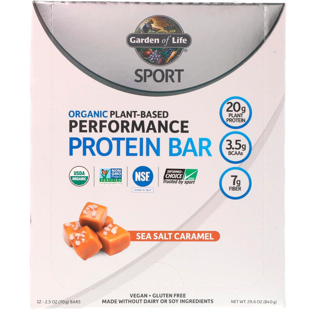 Garden of Life, Sport, Plantebaseret Performance Protein Bar, Sea Salt Caramel, 12 barer, 2,5 oz (70 g) hver