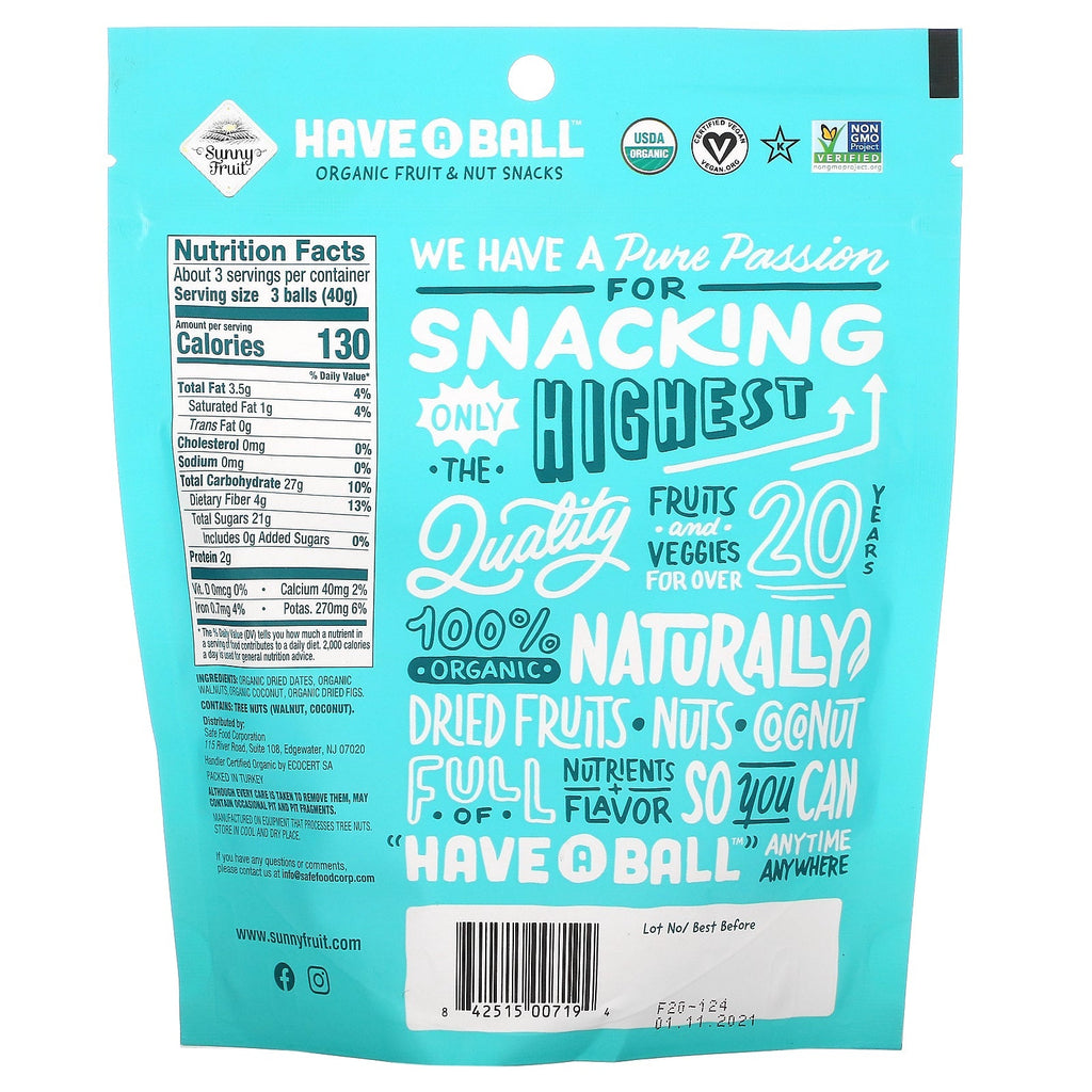 Sunny Fruit, Have A Ball, bocadillos de frutas y nueces, higos y nueces, 4,44 oz (126 g)