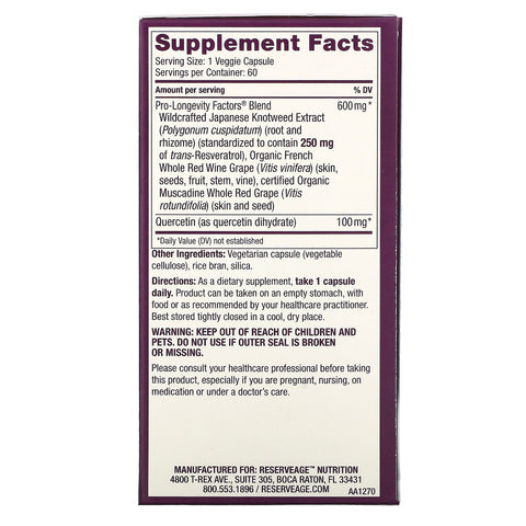 ReserveAge Nutrition, Resveratrol, 250 mg, 60 Veggie-kapsler