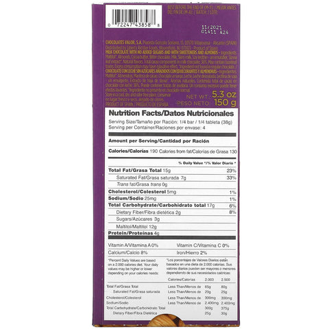 Valor, 0% Sugar Added, Milk Chocolate with Almonds, 5.3 oz (150 g)