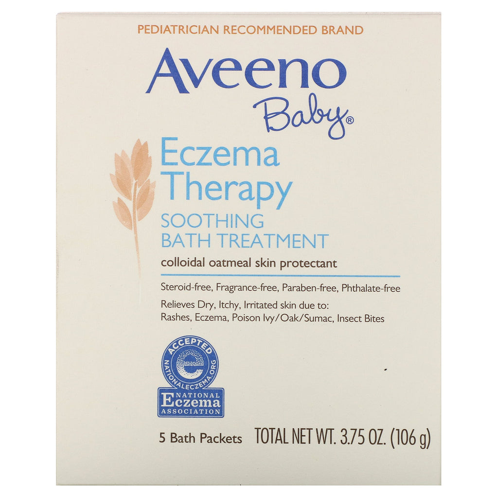 Aveeno, baby, eksemterapi, beroligende badebehandling, parfumefri, 5 badepakker, 3,75 oz (106 g)