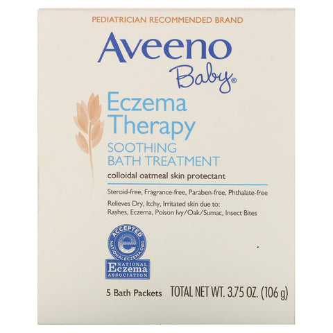 Aveeno, Baby, Eczema Therapy, Soothing Bath Treatment, Fragrance Free, 5 Bath Packets, 3.75 oz (106 g)