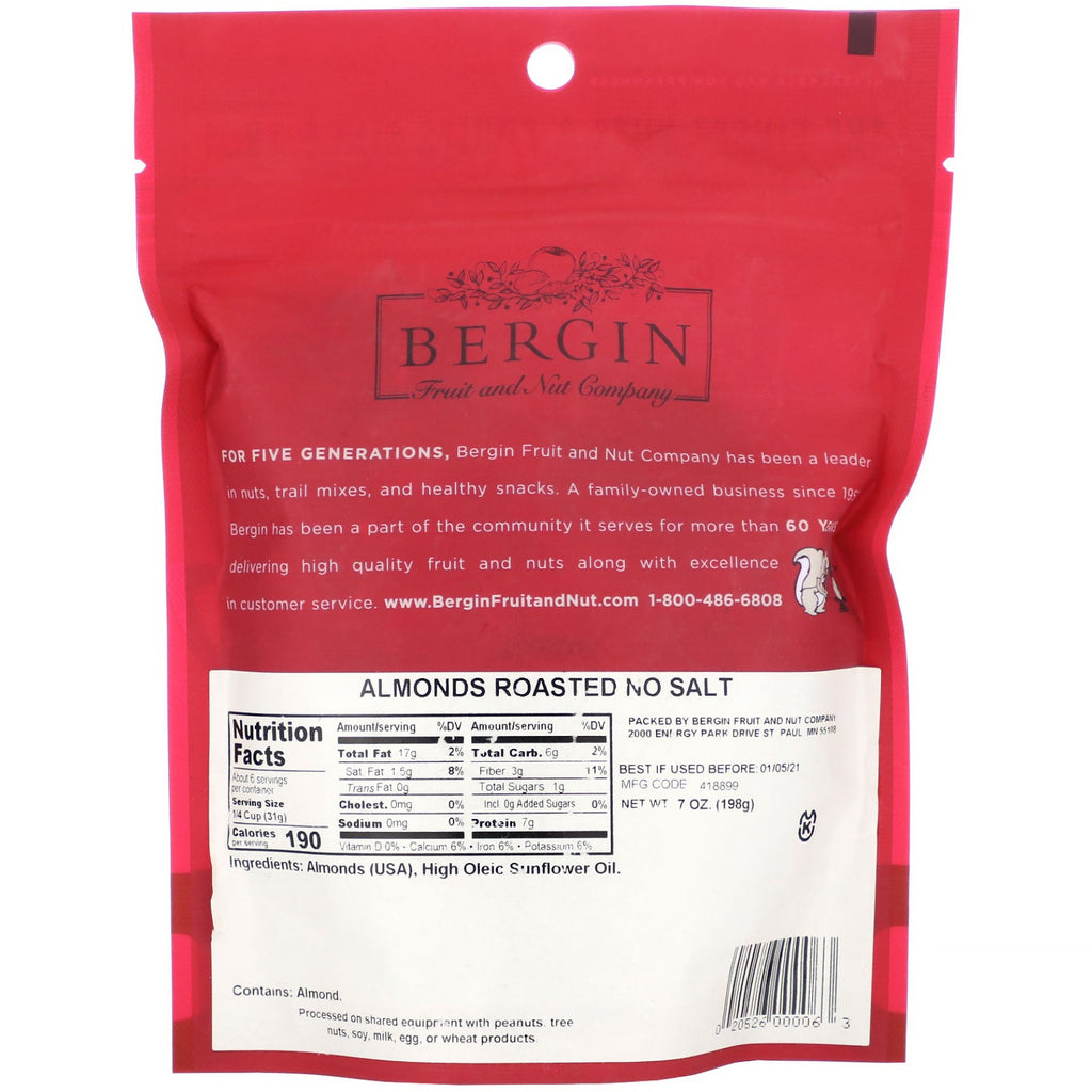 Bergin Fruit and Nut Company, Almendras tostadas, Sin sal, 7 oz (198 g)