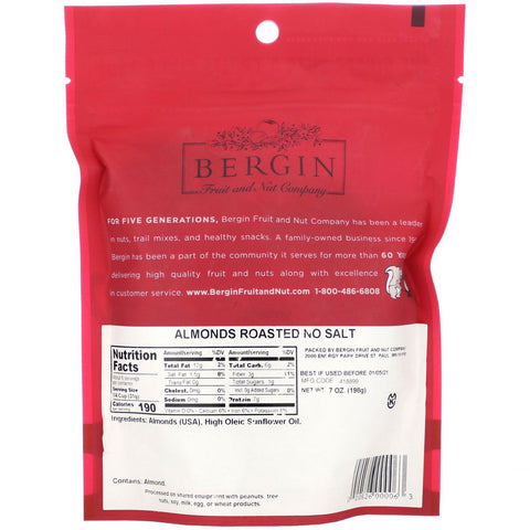 Bergin Fruit and Nut Company, Almonds Roasted, No Salt, 7 oz (198 g)