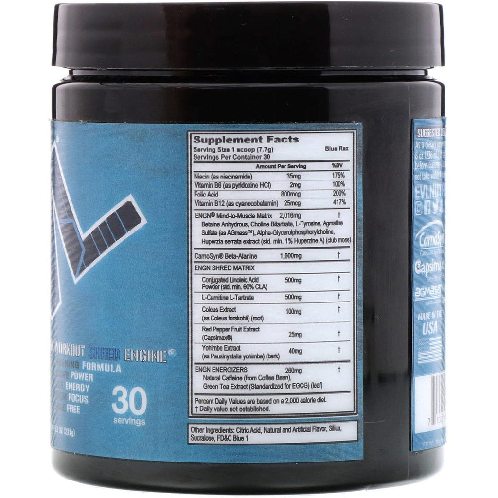 EVLution Nutrition, ENGN Shred, motor triturado previo al entrenamiento, Blue Raz, 8,1 oz (231 g)