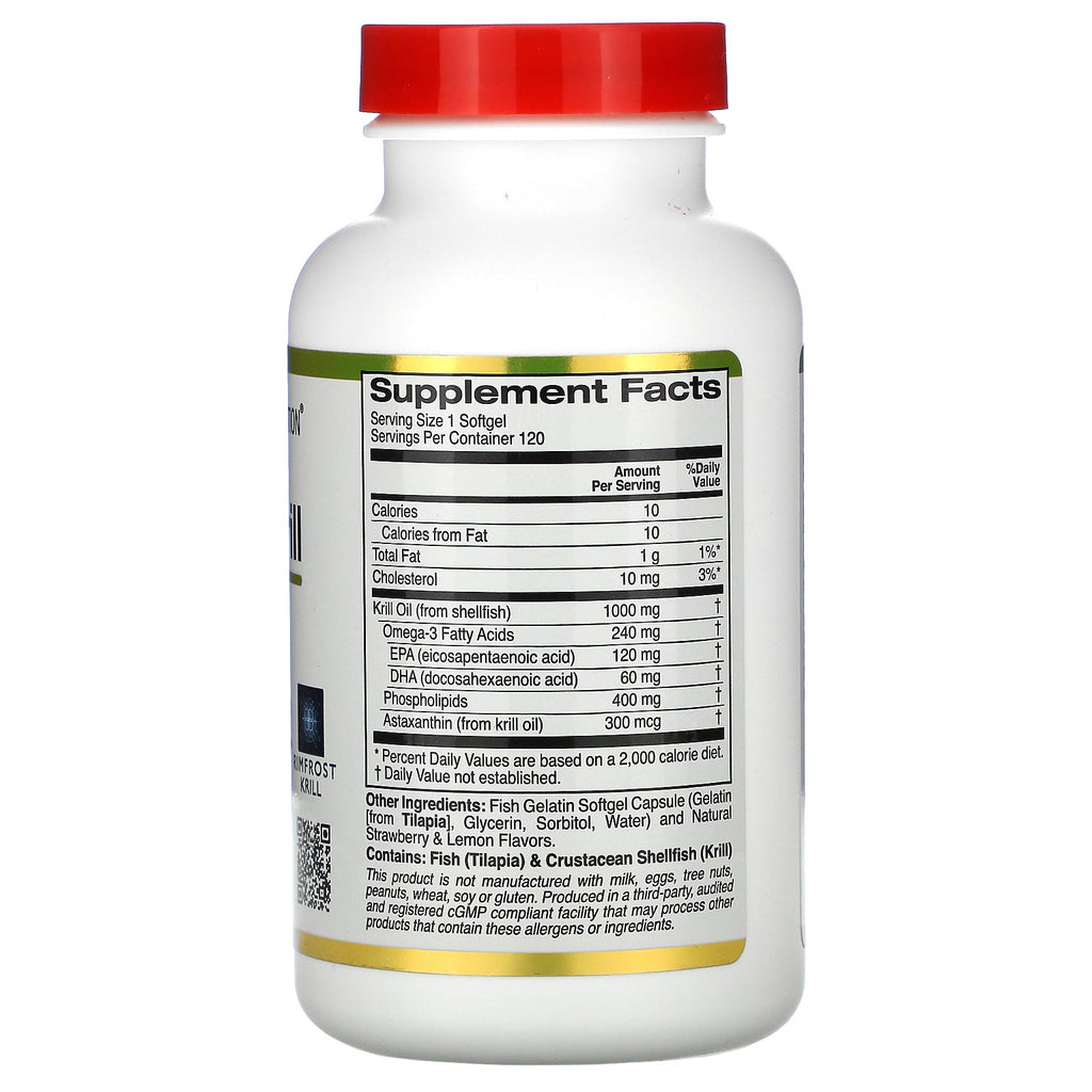 California Gold Nutrition, antarktisk krillolie, med astaxanthin, RIMFROST, naturlig jordbær- og citronsmag, 1.000 mg, 120 fiskegelatine softgels