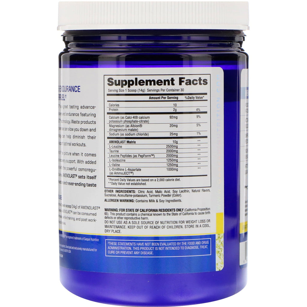 Gaspari Nutrition, Aminolast, Recovery &amp; Endurance BCAA Superfuel, Lemon Ice, 14,8 oz (420 g)