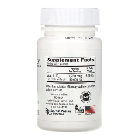 Bio Tech Pharmacal, D3-50, Cholecalciferol, 100 kapsler