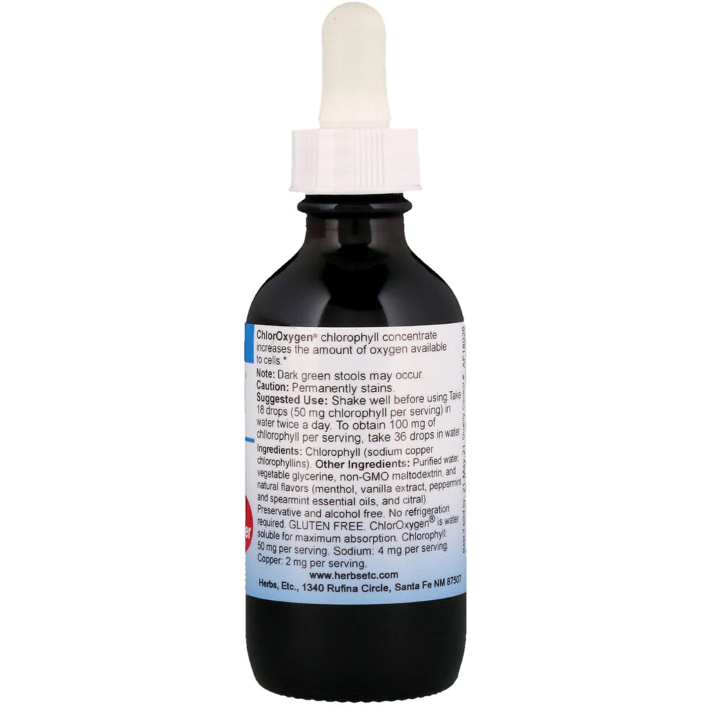 Herbs Etc., ChlorOxygen, Chlorophyll Concentrate, Alcohol Free, Mint Flavor, 2 fl oz (59 ml)