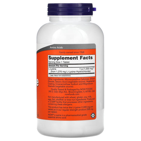 Now Foods, L-Lysine, 1.000 mg, 250 tabletter