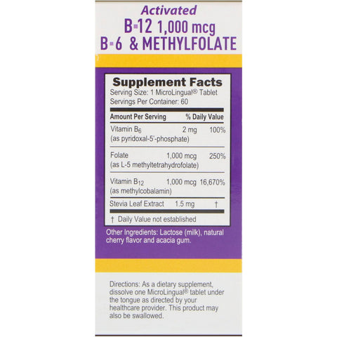 Superior kilde, aktiveret B-12 methylcobalamin, B-6 (P-5-P) & methylfolat, 1.000 mcg/1.000 mcg, 60 tabletter