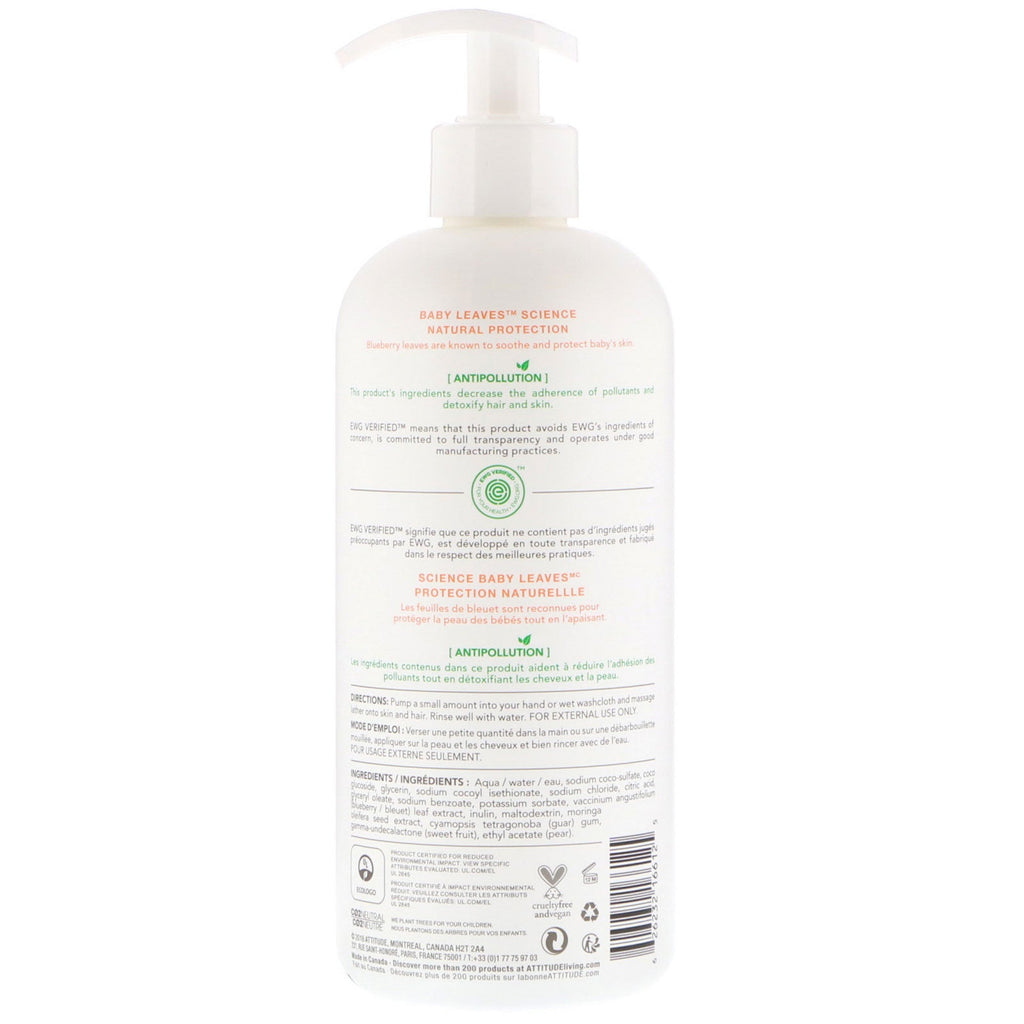 ATTITUDE, Baby Leaves Science, champú y gel de baño natural 2 en 1, néctar de pera, 16 fl oz (473 ml)