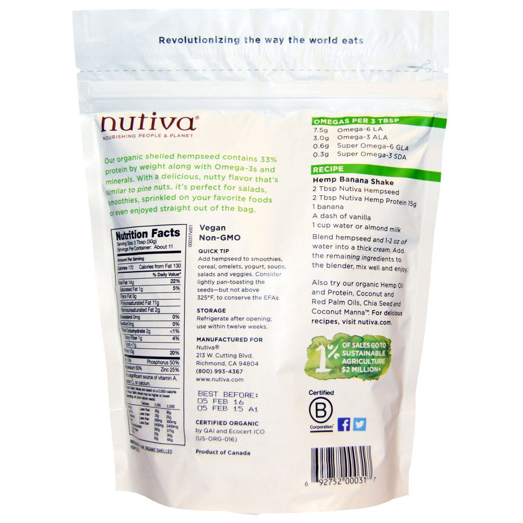 Nutiva, hampefrø råskallede, 12 oz (340 g)