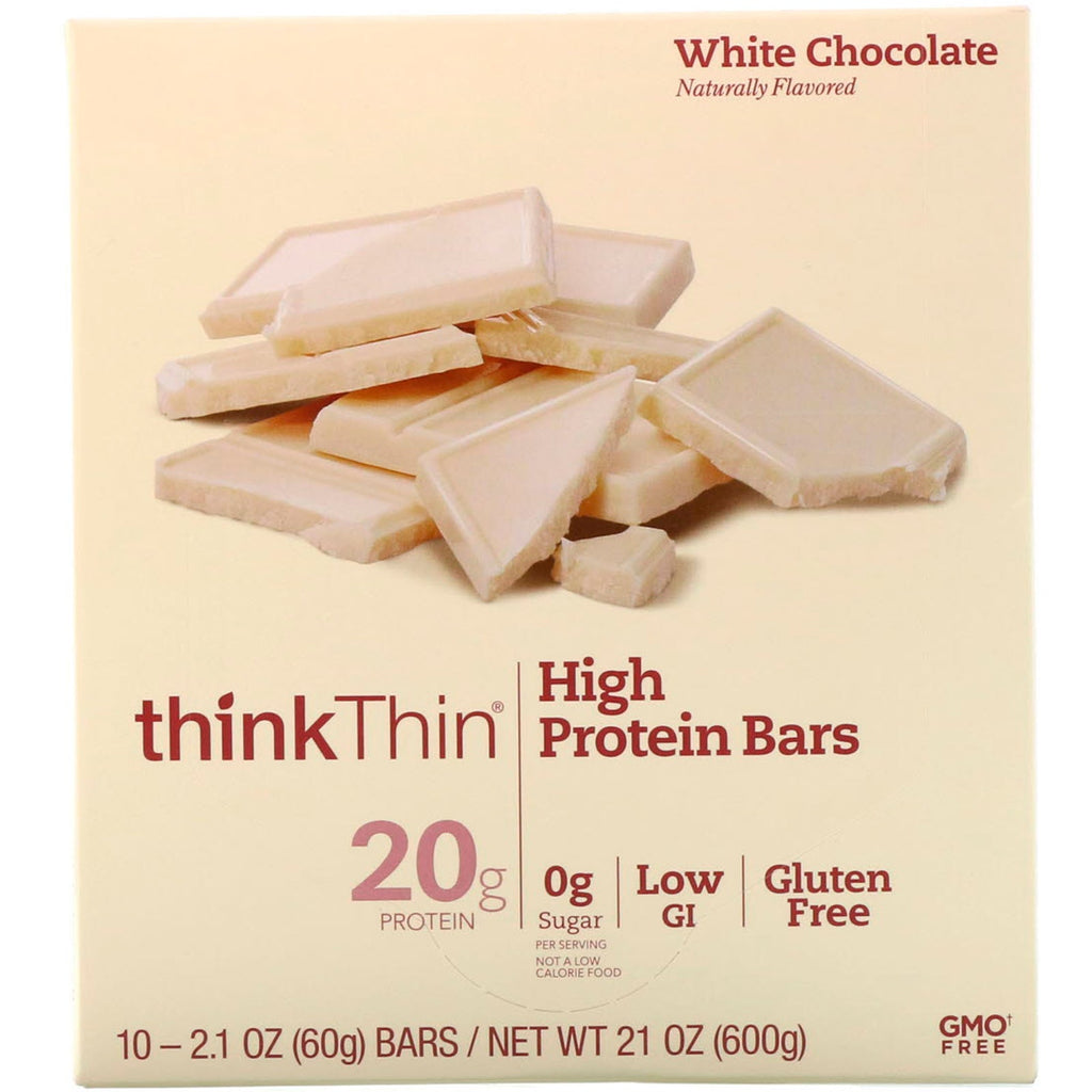 ThinkThin, højproteinbarer, hvid chokolade, 10 barer, 2,1 oz (60 g) hver