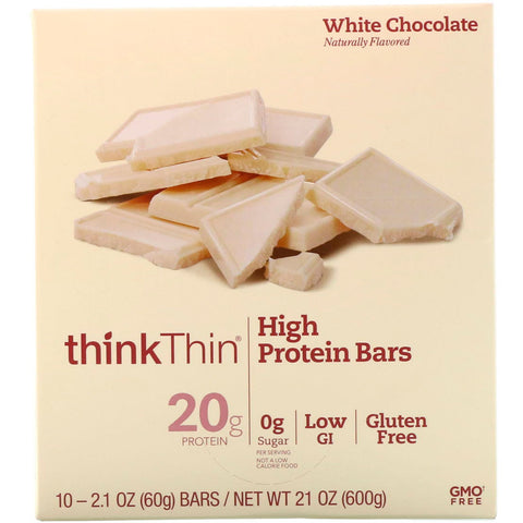 ThinkThin, højproteinbarer, hvid chokolade, 10 barer, 2,1 oz (60 g) hver