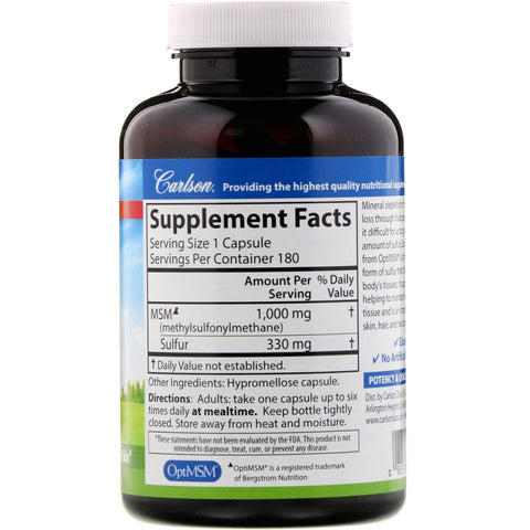 Carlson Labs, Azufre MSM, 1000 mg, 180 cápsulas vegetarianas